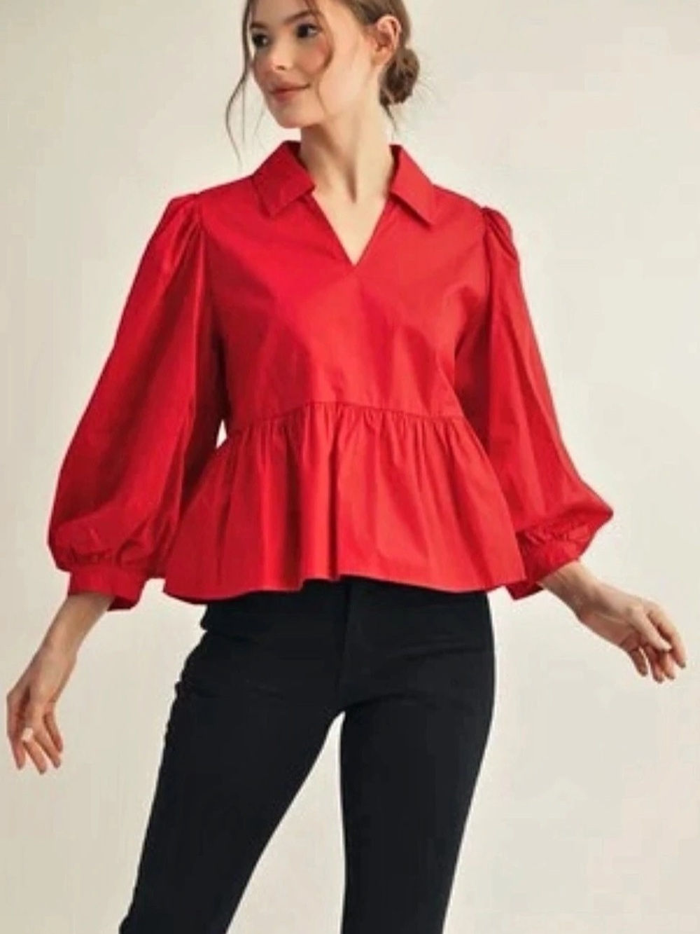 NWT JODIFL Poplin Top Red Balloon sleeve babydoll blouse